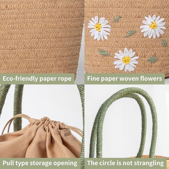 Elegant Handmade Straw Beach Bag with Floral Patterns for Summer Fun - Picture 6 of 6